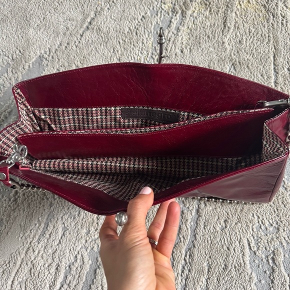 Stella Negro red maroon Italian leather chain shoulder bag clutch - Picture 8 of 12